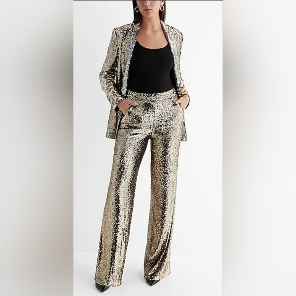 NWT!Gold Sequin Formal Express Women's Open Front Shimmer Party Blazer Jacket XS